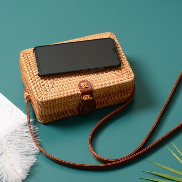 Rectangle Rattan Hand Woven Cross Body Bag - Picture 2 of 5